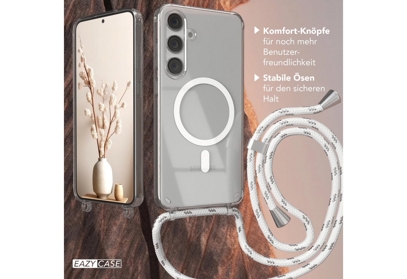 EAZY CASE Handykette mit-/ ohne Magsafe Hülle für Galaxy S24 Plus 6,7 Zoll, Handykordel Qi-Case Slimcover mit Umhängeband zum Umhängen Weiß Silber Bild 3