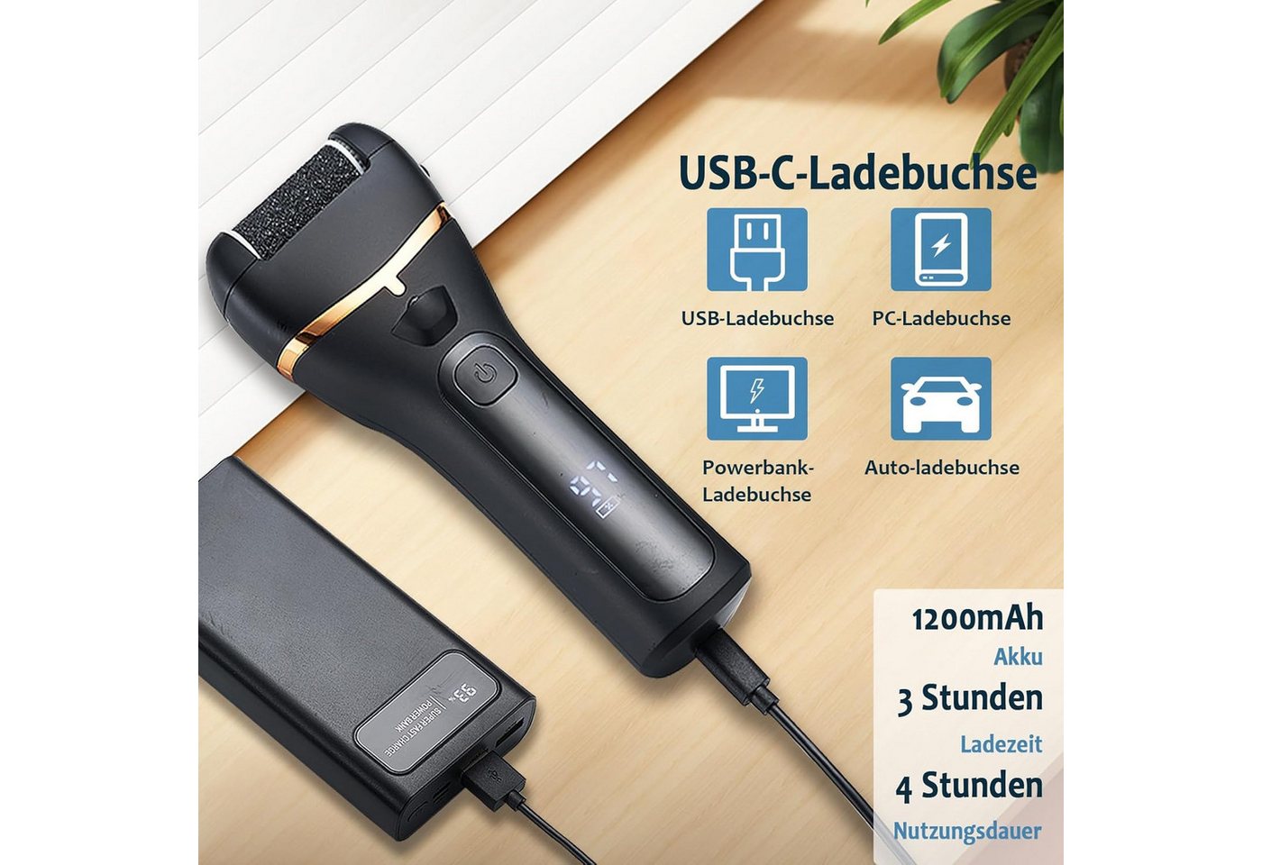 ibettertec Elektrischer Hornhautentferner Elektrischer Hornhautentferner Fuß, Wiederaufladbarer, 3 Rollenköpfen, Pediküre Werkzeug zur Entfernung von harter und abgestorbener Haut Bild 3