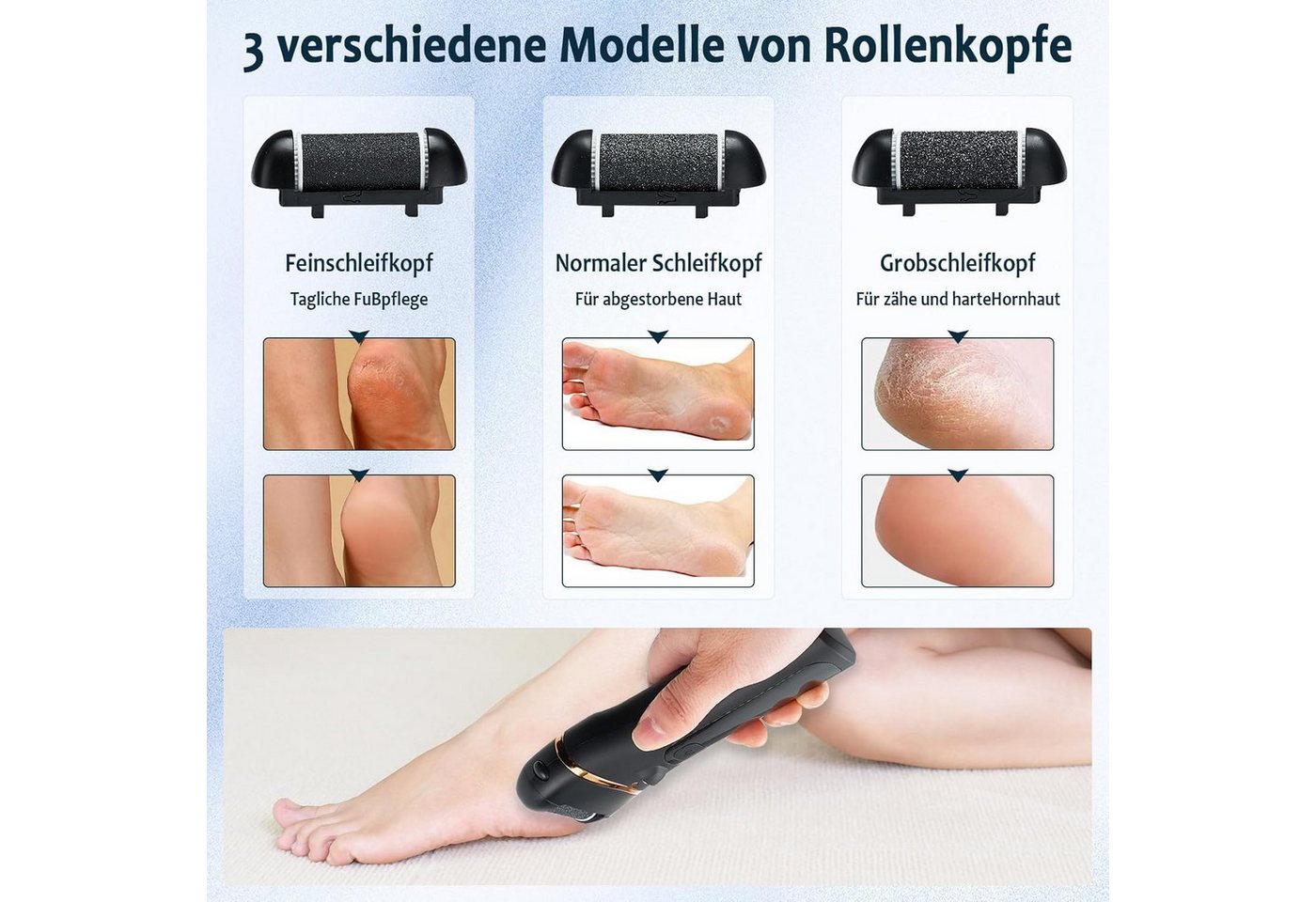ibettertec Elektrischer Hornhautentferner Elektrischer Hornhautentferner Fuß, Wiederaufladbarer, 3 Rollenköpfen, Pediküre Werkzeug zur Entfernung von harter und abgestorbener Haut Bild 4