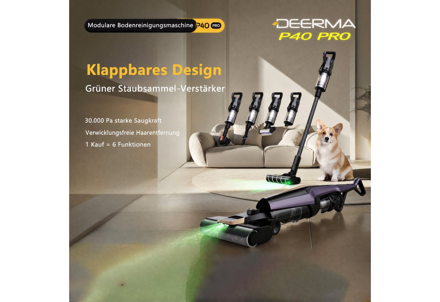 Deerma Nass-Trocken-Akkusauger 6-in-1 Akku Staubsauger Kabellos 30KPa Saug Wisch LED Bodenstaubsauger, 450 W, beutellos, mit LED Grünlicht 180° Bodenbürste Selbstreinigung auf Knopfdruck