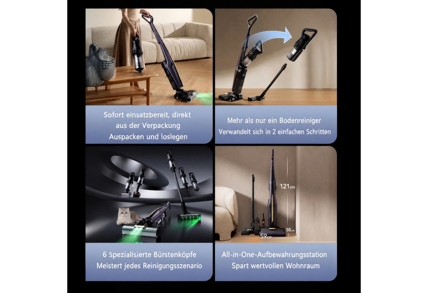 Deerma Nass-Trocken-Akkusauger 6-in-1 Akku Staubsauger Kabellos 30KPa Saug Wisch LED Bodenstaubsauger, 450 W, beutellos, mit LED Grünlicht 180° Bodenbürste Selbstreinigung auf Knopfdruck Bild 5