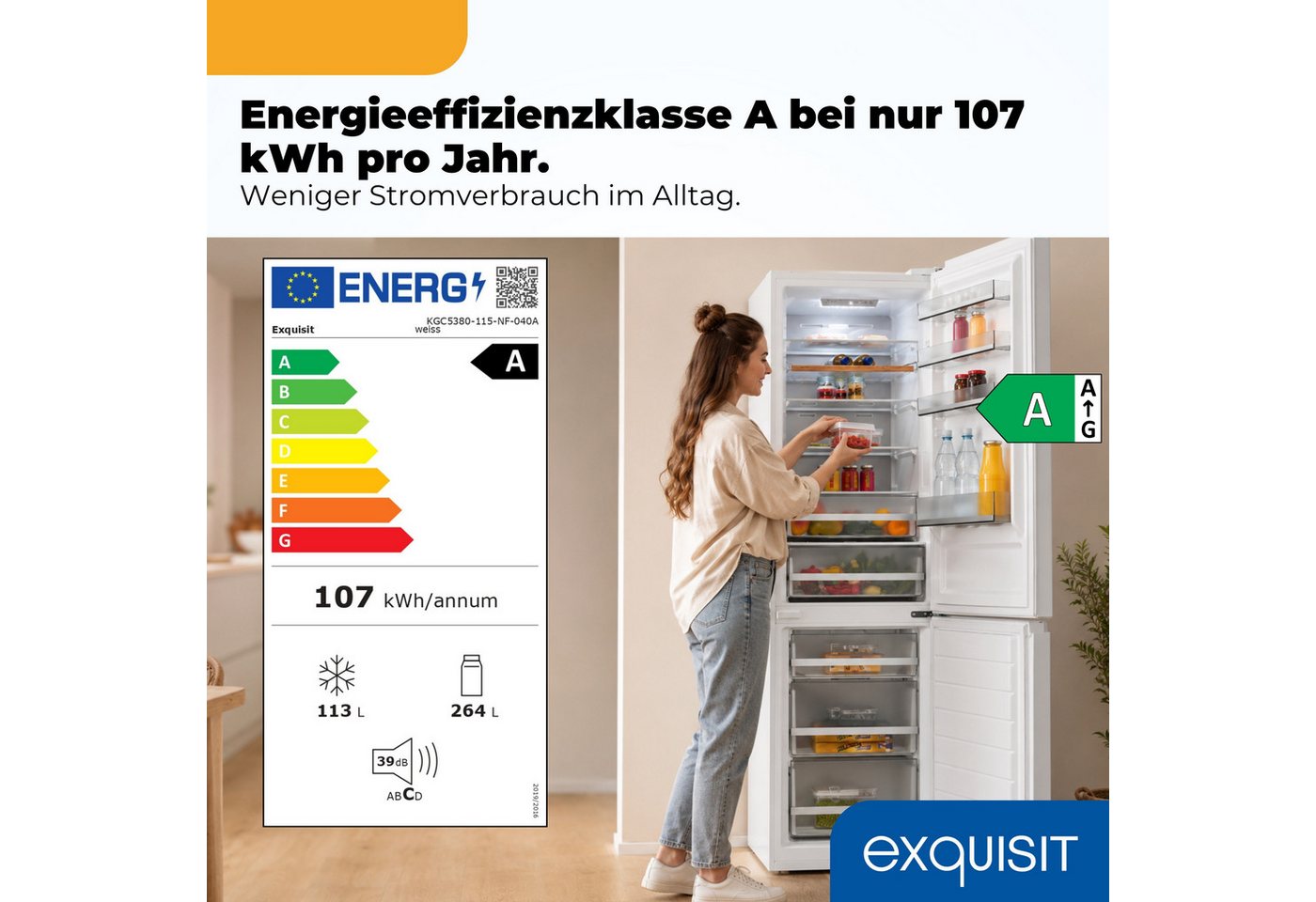 exquisit K ühl-/Gefrierkombination KGC5380-115-NF-040A, 200.5 cm hoch, 59,5 cm breit, 378 l Nutzinhalt gesamt, 4 Sternefach, Energieklasse A Bild 3