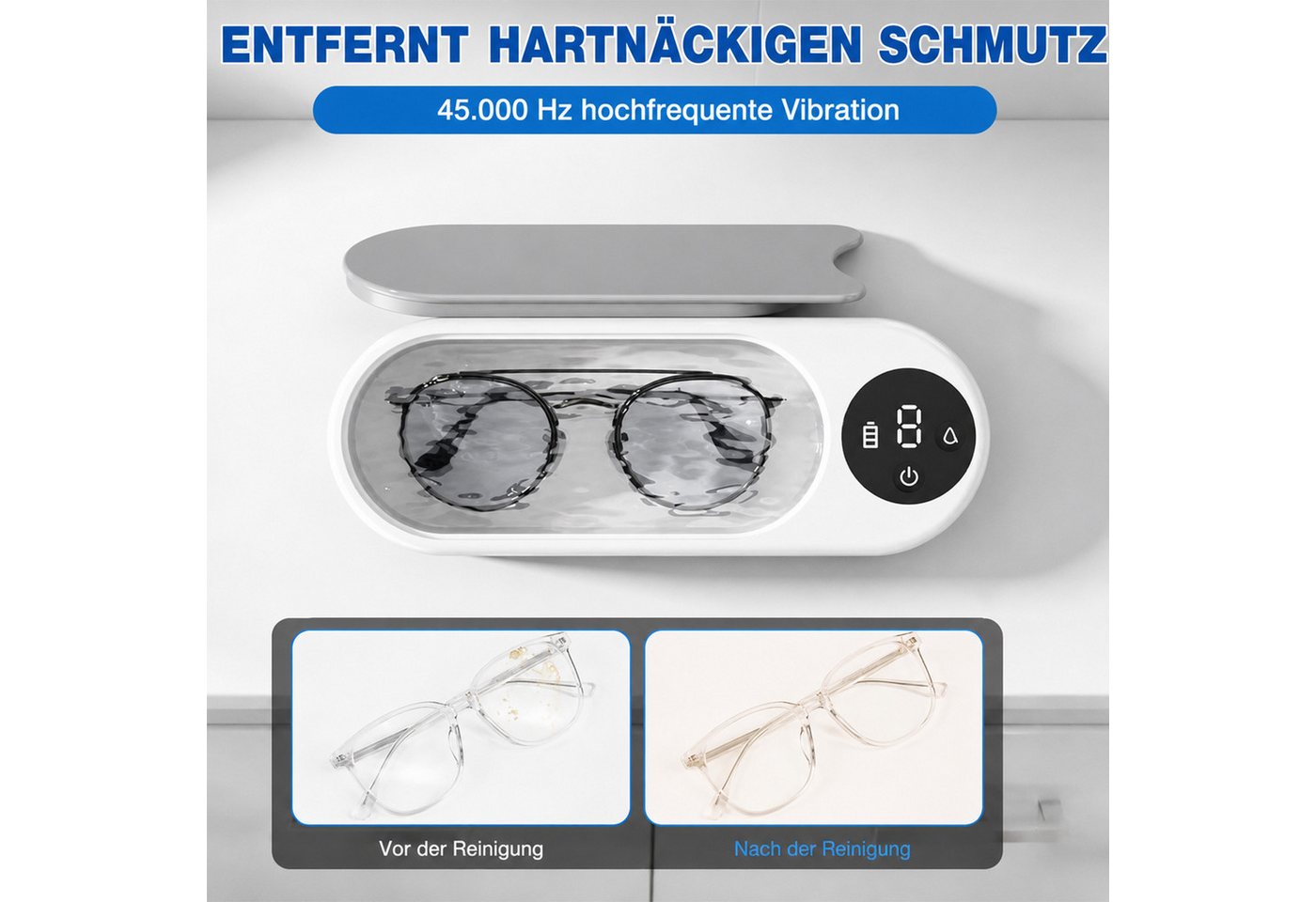 MOPUEA Ultraschallreiniger 45.000Hz Ultraschallreiniger für Brillen Schmuck & Zubehör, 45.000 Hz, Ein-Knopf-Bedienung, leise, rutschfest, vielseitig