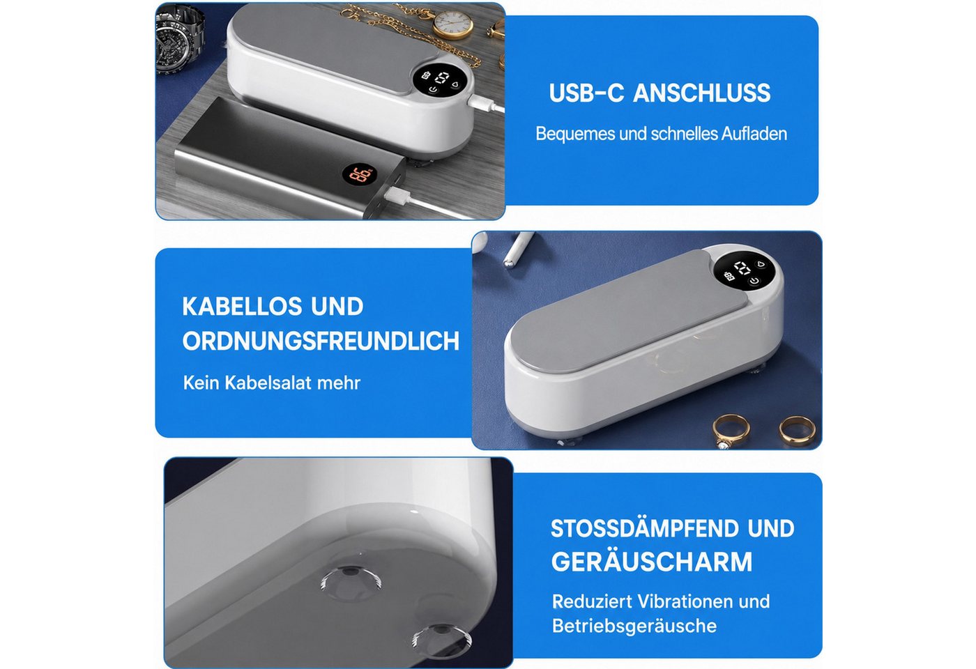 MOPUEA Ultraschallreiniger 45.000Hz Ultraschallreiniger für Brillen Schmuck & Zubehör, 45.000 Hz, Ein-Knopf-Bedienung, leise, rutschfest, vielseitig Bild 3