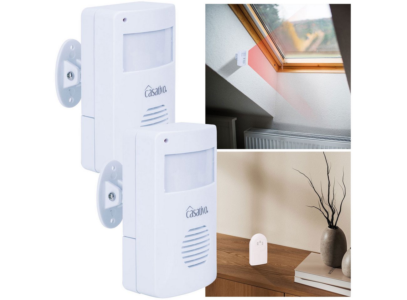 Casativo Bewegungsmelder Funk-Durchgangsmelder PIR-Sensor 8m Kabelloser Alarm-Bewegungsmelder, (2-St., 1er-Set & 2er-Set), 8m PIR-Sensor, 30m Reichweite & 3 Klingel-Optionen