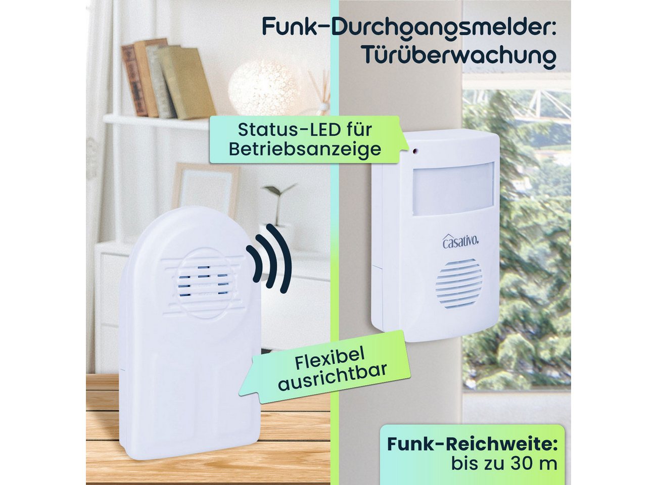 Casativo Bewegungsmelder Funk-Durchgangsmelder PIR-Sensor 8m Kabelloser Alarm-Bewegungsmelder, (2-St., 1er-Set & 2er-Set), 8m PIR-Sensor, 30m Reichweite & 3 Klingel-Optionen Bild 5