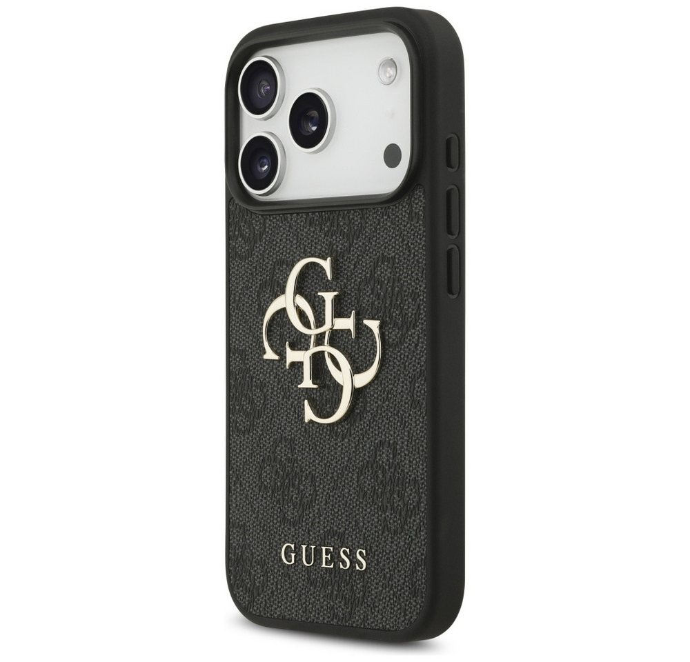Guess Handyhülle iPhone 17 Pro Kunstleder grau Big Logo Metall goldfarben 6,3 Zoll, Kantenschutz