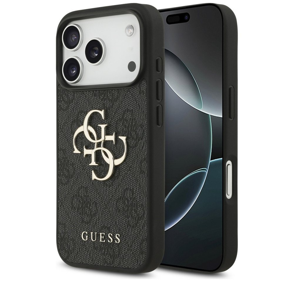 Guess Handyhülle iPhone 17 Pro Kunstleder grau Big Logo Metall goldfarben 6,3 Zoll, Kantenschutz Bild 4