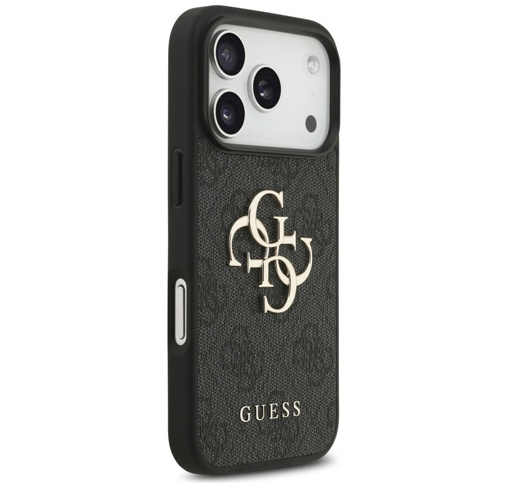 Guess Handyhülle iPhone 17 Pro Kunstleder grau Big Logo Metall goldfarben 6,3 Zoll, Kantenschutz Bild 5