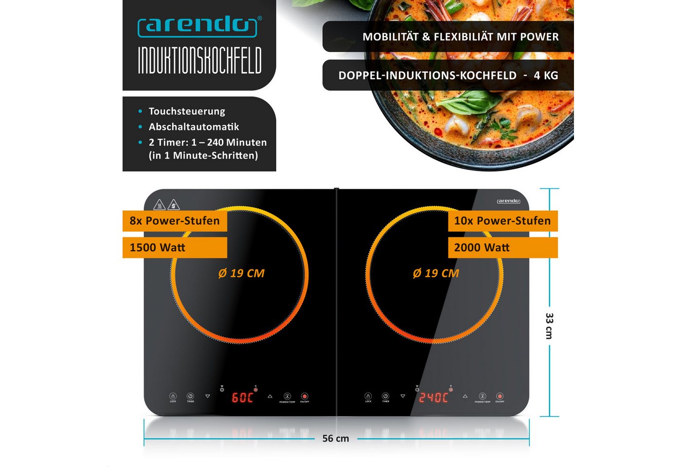 Arendo Induktions-Kochfeld Doppel-Kochfeld 308735, 4 h Timer, Touchsteuerung, Automatische Topferkennung, Sensor Touch