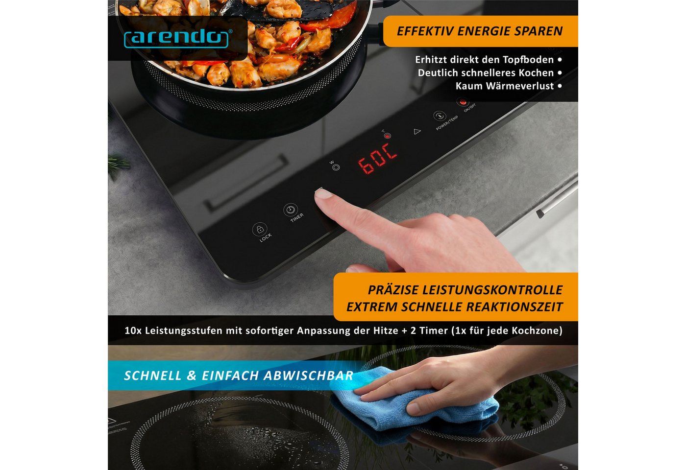 Arendo Induktions-Kochfeld Doppel-Kochfeld 308735, 4 h Timer, Touchsteuerung, Automatische Topferkennung, Sensor Touch Bild 2