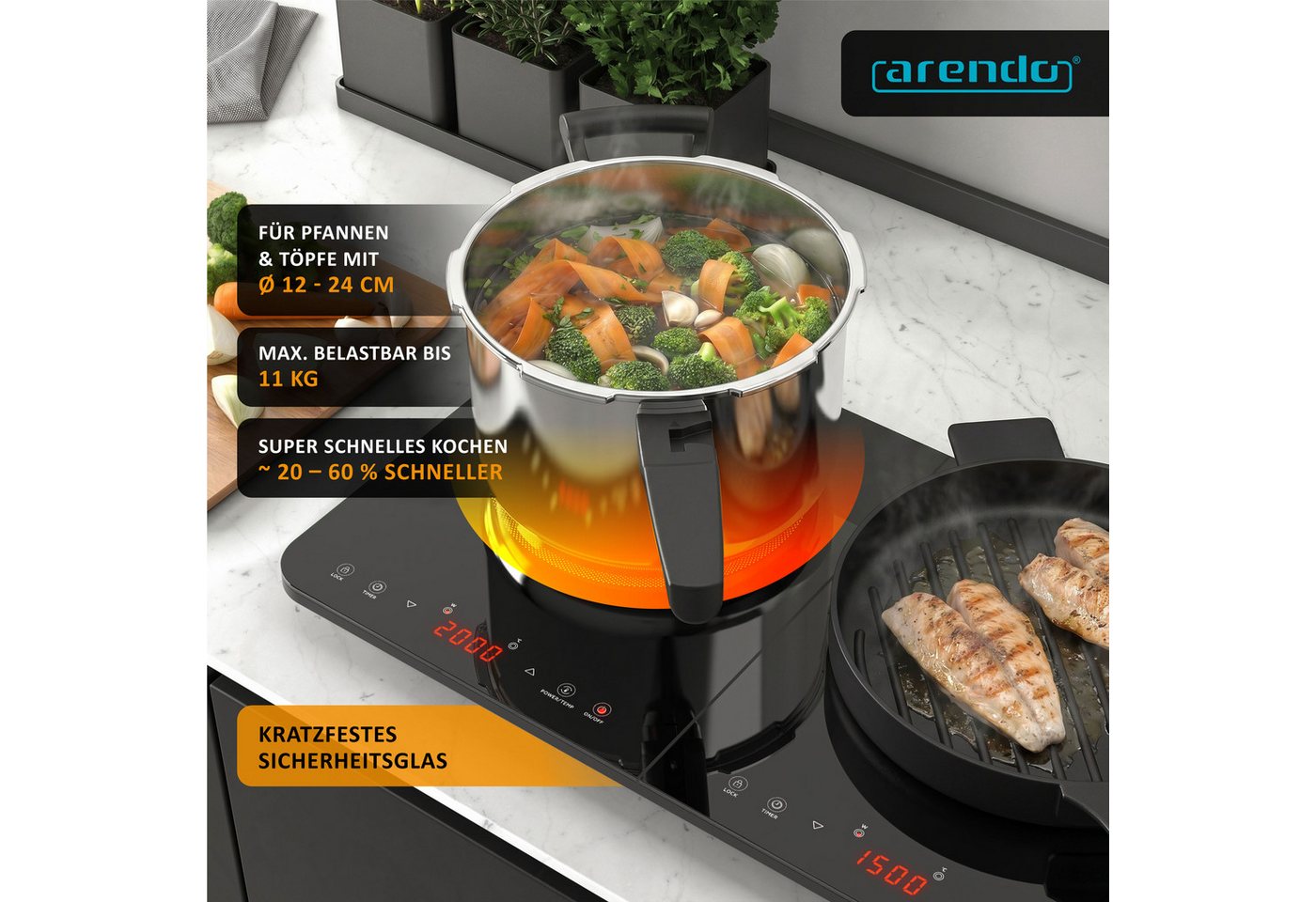 Arendo Induktions-Kochfeld Doppel-Kochfeld 308735, 4 h Timer, Touchsteuerung, Automatische Topferkennung, Sensor Touch Bild 5