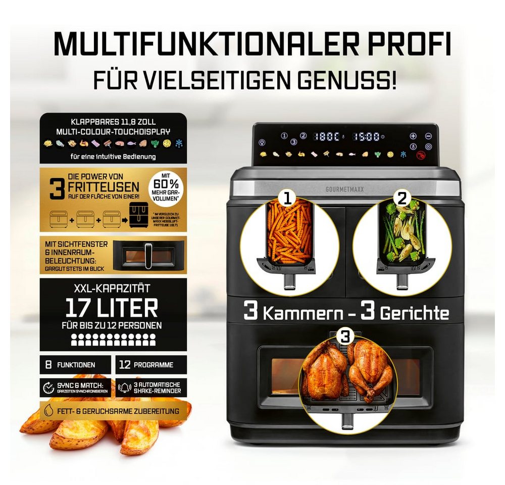 GOURMETmaxx Heißluftfritteuse GOURMETmaxx Heißluft-Fritteuse 3000W schwarz/ Edelstahl 17l 3 Frittierkammern mit Sichtfenster, 3000 W, Heissluftfritteuse LED-Klapp-Touchdisplay - Air Fryer mit Sichtfenster