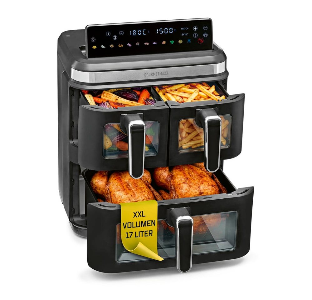 GOURMETmaxx Heißluftfritteuse GOURMETmaxx Heißluft-Fritteuse 3000W schwarz/ Edelstahl 17l 3 Frittierkammern mit Sichtfenster, 3000 W, Heissluftfritteuse LED-Klapp-Touchdisplay - Air Fryer mit Sichtfenster Bild 2
