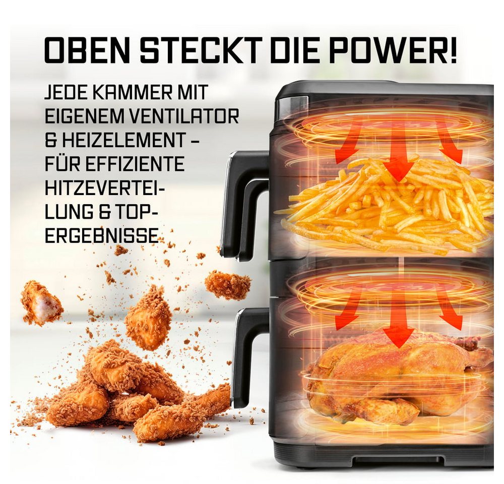 GOURMETmaxx Heißluftfritteuse GOURMETmaxx Heißluft-Fritteuse 3000W schwarz/ Edelstahl 17l 3 Frittierkammern mit Sichtfenster, 3000 W, Heissluftfritteuse LED-Klapp-Touchdisplay - Air Fryer mit Sichtfenster Bild 4