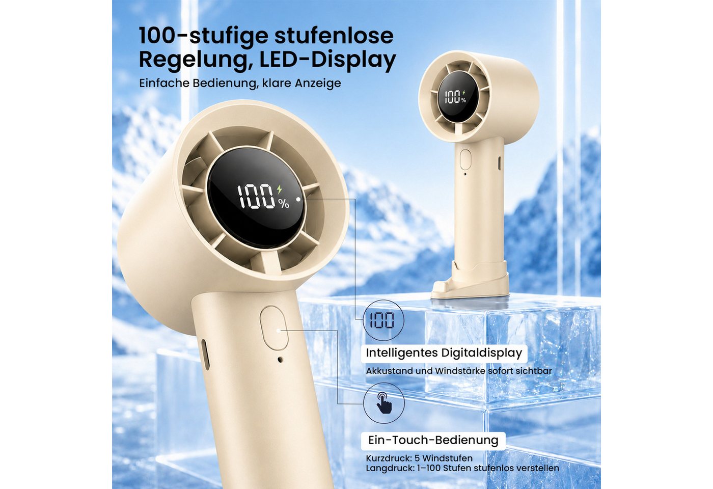 MOPUEA Handventilator Tragbarer Mini Ventilator, 100 Geschwindigkeitsstufen, USB-C, für Outdoor, Reisen und Büro Bild 3