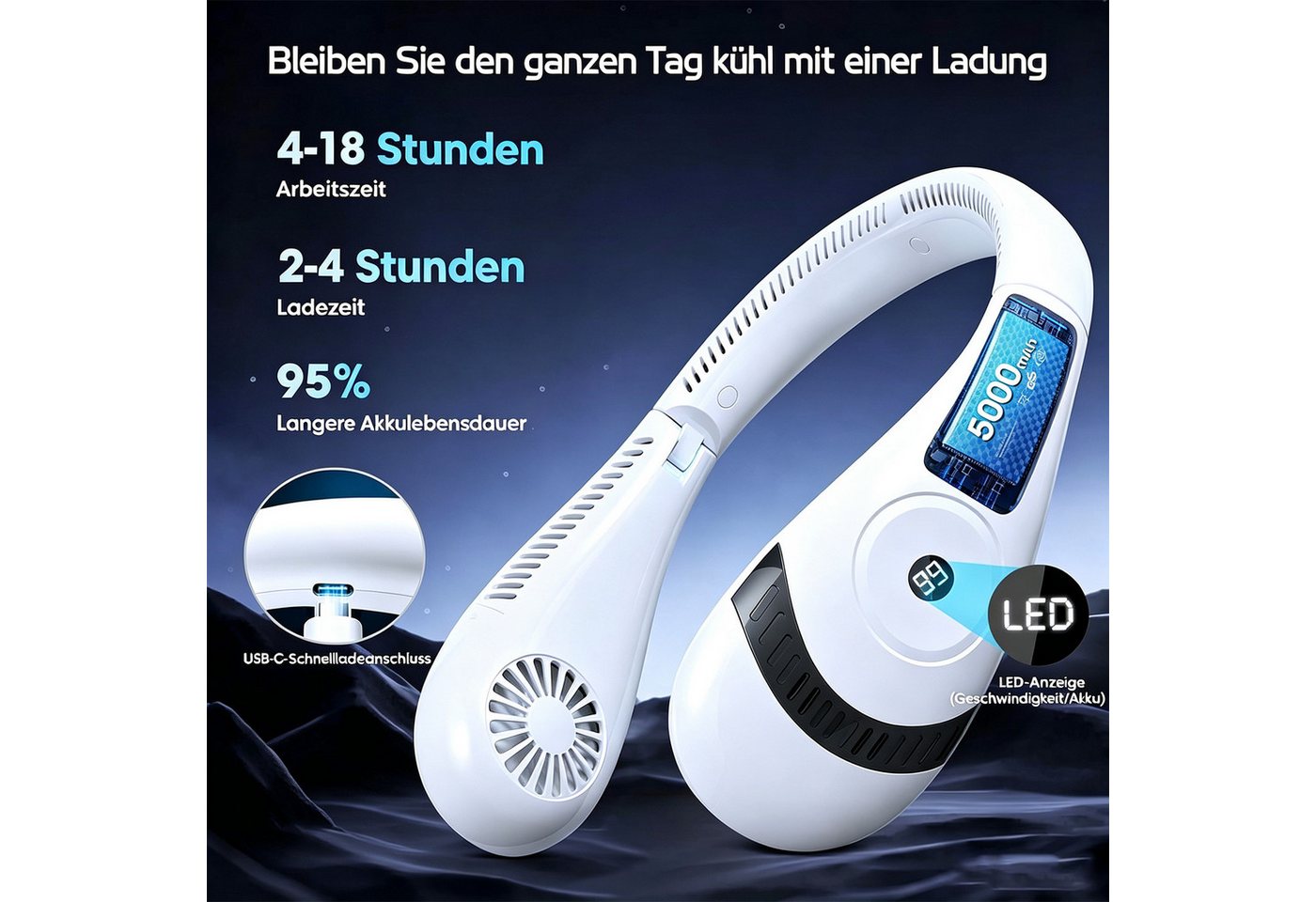 MOPUEA Mini USB-Ventilator Faltbarer LED-Display-Halsventilator, Tragbarer, blattloser Ventilator, 5000 mAh, 3 stufen, USB, für Reisen, Outdoor, Büro und Camping