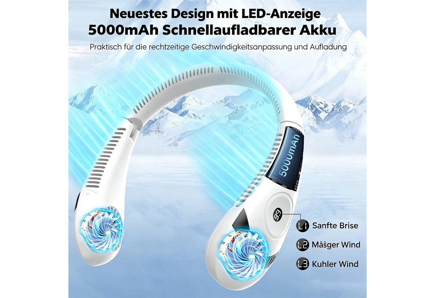 MOPUEA Mini USB-Ventilator Faltbarer LED-Display-Halsventilator, Tragbarer, blattloser Ventilator, 5000 mAh, 3 stufen, USB, für Reisen, Outdoor, Büro und Camping Bild 2