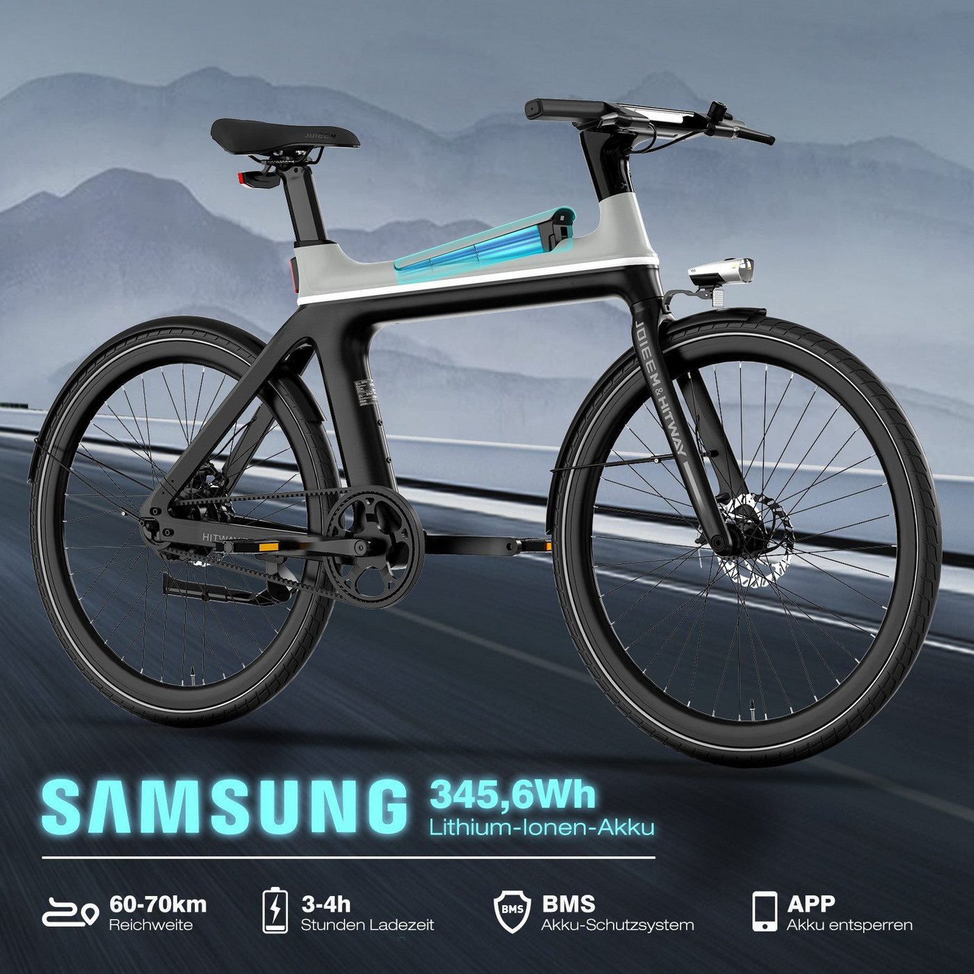 HITWAY E-Bike Cityrad 29 Zoll Elektrofahrrad mit 4G-GPS-Tracking, Max. 70km Reichweite, 1 Gang, Heckmotor, 345,6 Wh, Samsung Akku Smart E-Citybike, Diebstahlschutzsystem & IPX5 Bild 2