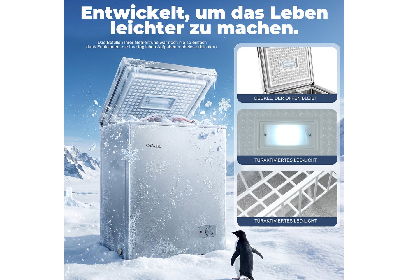 oyajia Gefriertruhe Tiefkühltruhe klein, 4-Sterne Gefrieren, Super-Frost-Funktion, Kühltruhe inkl. Ablagekorb BD/BC-71, 71 l, elektronische Temperaturregelung, leise