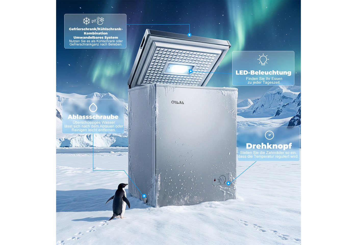 oyajia Gefriertruhe Tiefkühltruhe klein, 4-Sterne Gefrieren, Super-Frost-Funktion, Kühltruhe inkl. Ablagekorb BD/BC-71, 71 l, elektronische Temperaturregelung, leise Bild 4