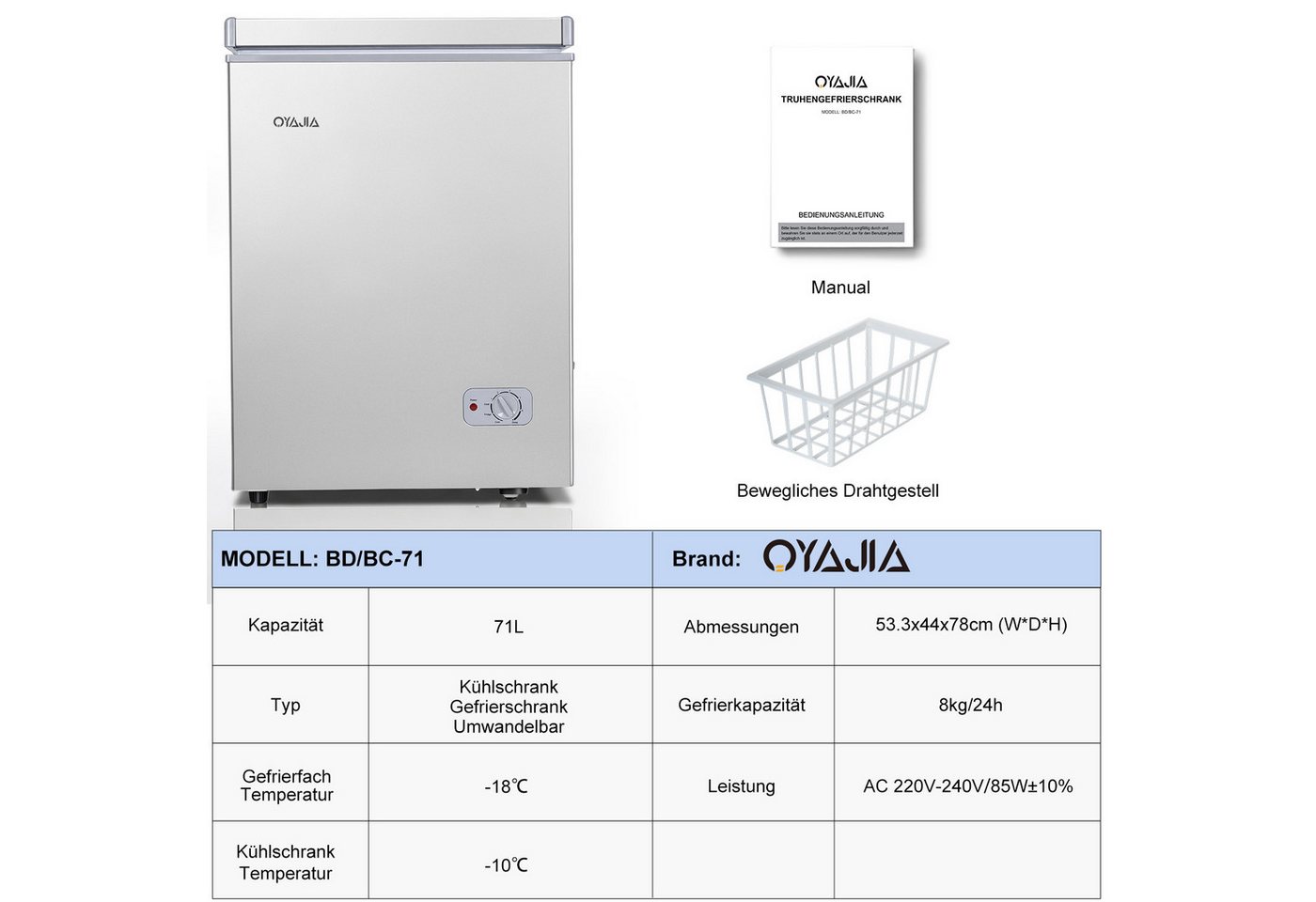 oyajia Gefriertruhe Tiefkühltruhe klein, 4-Sterne Gefrieren, Super-Frost-Funktion, Kühltruhe inkl. Ablagekorb BD/BC-71, 71 l, elektronische Temperaturregelung, leise Bild 5