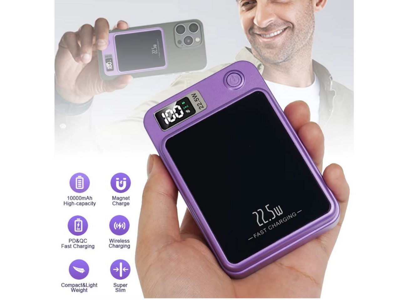 Athlix 10000mAh Magnetische Kabellose Power Bank für Apple iPhone Powerbank 10000 mAh, Starker Magnetischer Snap-On-Akkupack, schlank, leichtgewichtig