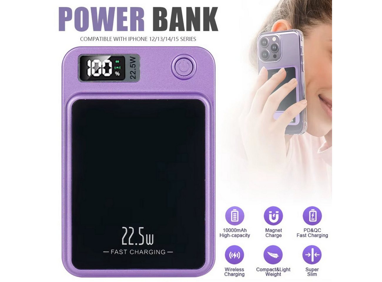 Athlix 10000mAh Magnetische Kabellose Power Bank für Apple iPhone Powerbank 10000 mAh, Starker Magnetischer Snap-On-Akkupack, schlank, leichtgewichtig Bild 3