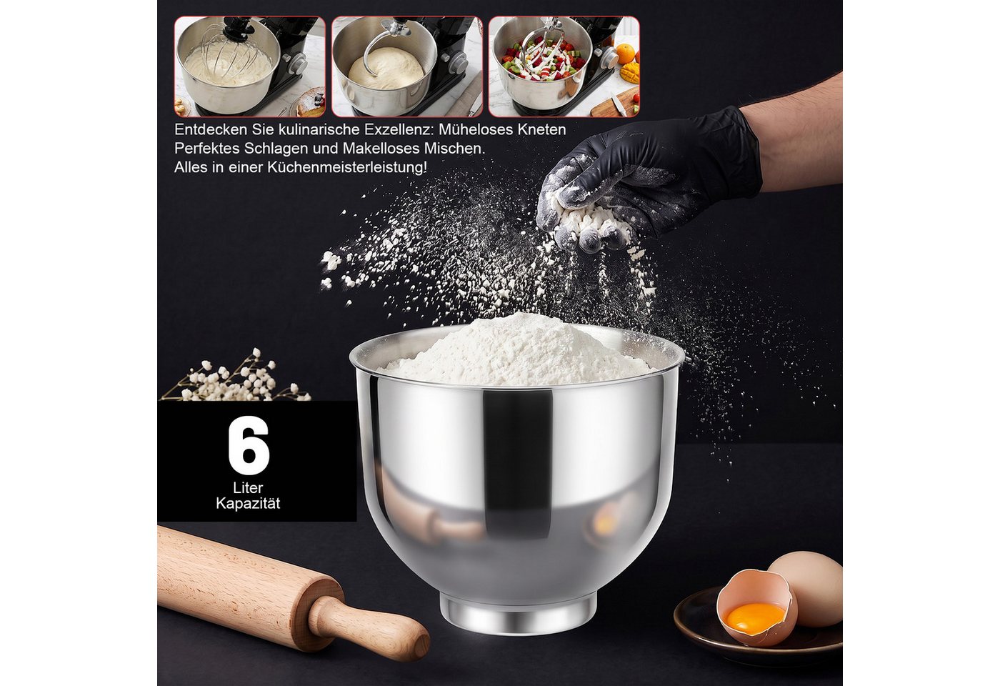 oyajia Küchenmaschine 3 in 1 Multifunktionale Knetmaschine 6-stufige Gescheindigkeit Mixer, mit Fleischwolf, 1.5L Saftpresse, 6L Edelstahlschüssel, 2000 W, 6 l Schüssel