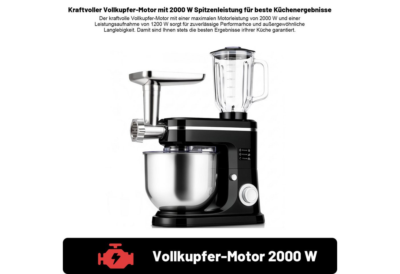 oyajia Küchenmaschine 3 in 1 Multifunktionale Knetmaschine 6-stufige Gescheindigkeit Mixer, mit Fleischwolf, 1.5L Saftpresse, 6L Edelstahlschüssel, 2000 W, 6 l Schüssel Bild 3