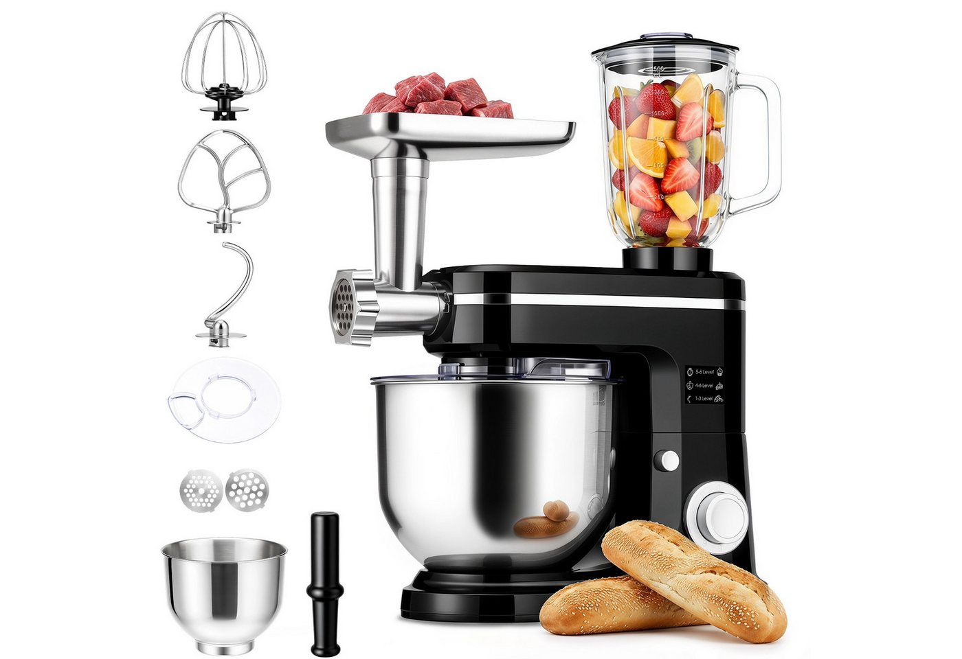 oyajia Küchenmaschine 3 in 1 Multifunktionale Knetmaschine 6-stufige Gescheindigkeit Mixer, mit Fleischwolf, 1.5L Saftpresse, 6L Edelstahlschüssel, 2000 W, 6 l Schüssel Bild 4