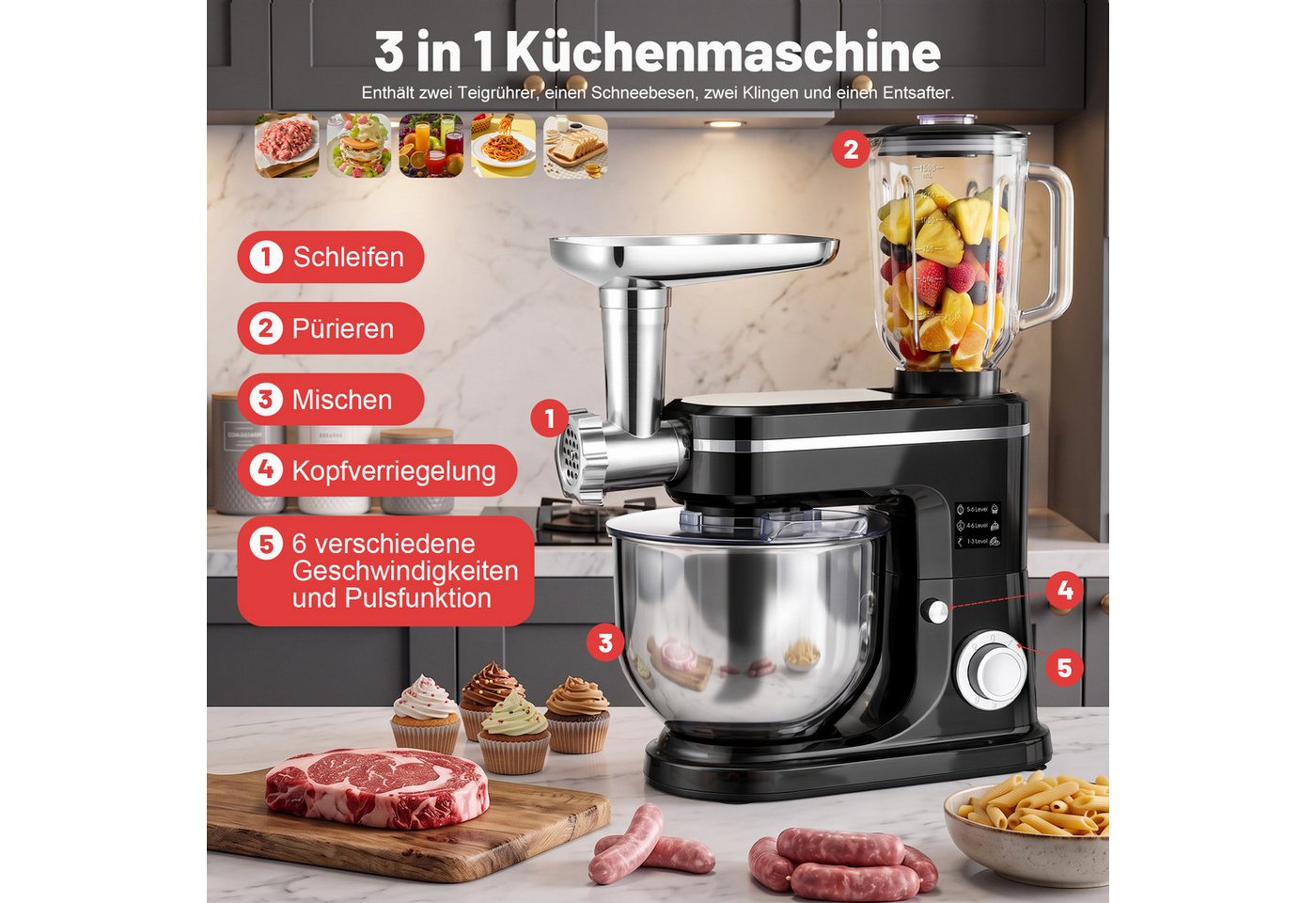 oyajia Küchenmaschine 3 in 1 Multifunktionale Knetmaschine 6-stufige Gescheindigkeit Mixer, mit Fleischwolf, 1.5L Saftpresse, 6L Edelstahlschüssel, 2000 W, 6 l Schüssel Bild 5