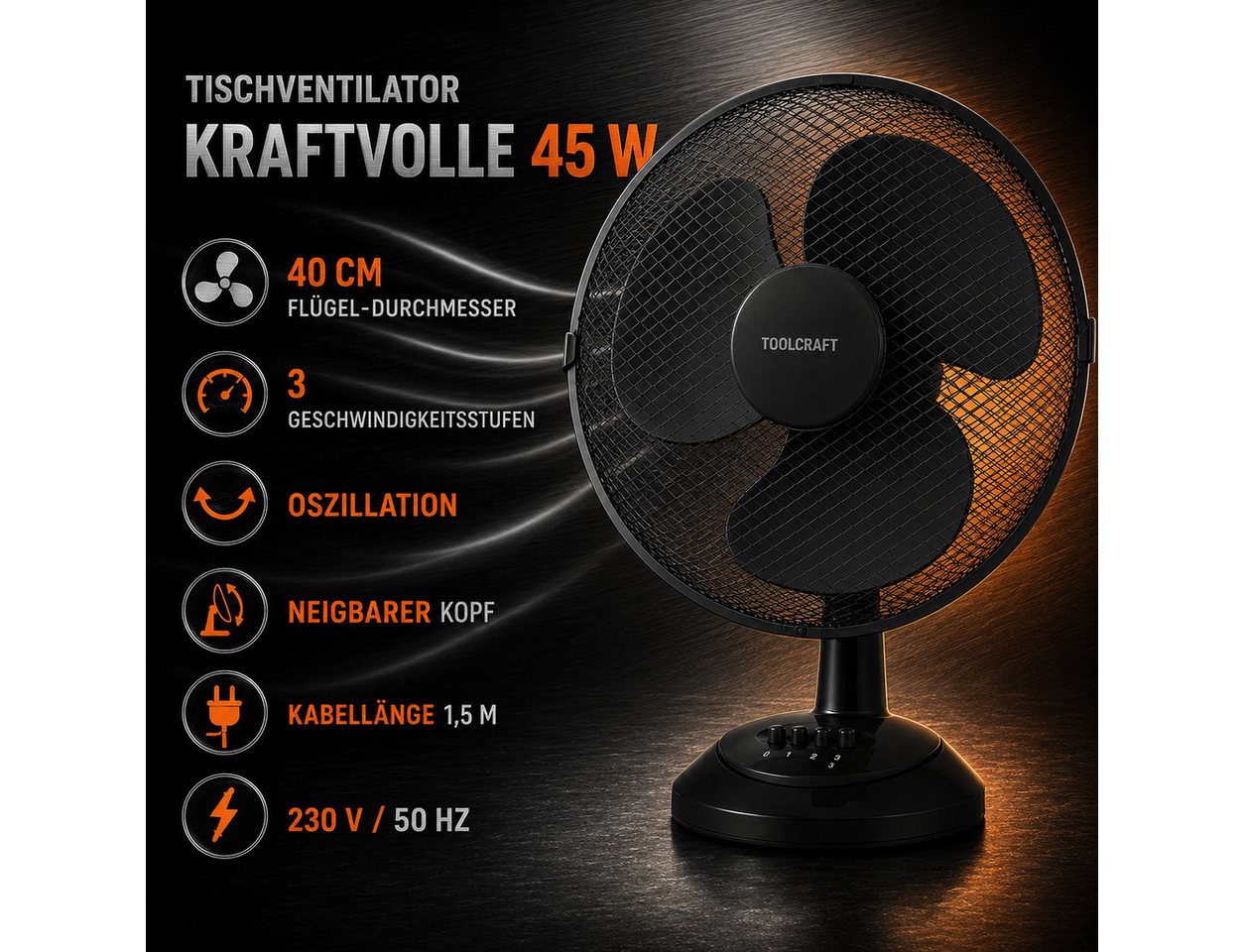 Ertex Tischventilator BIG Turmventilator Tischventilator STAND 45W 40cm Durchmesser Schwarz Bild 2