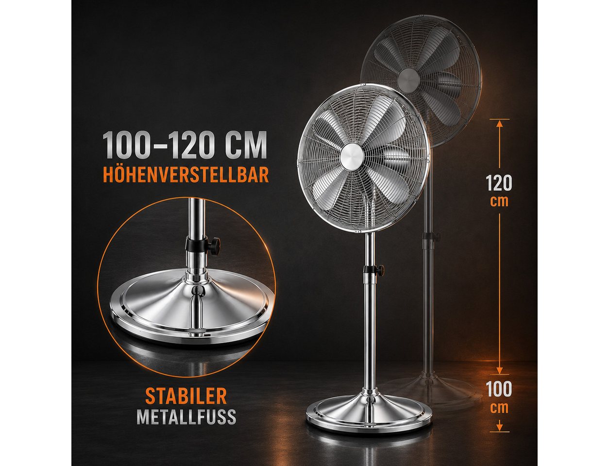 Ertex Standventilator EDELSTAHL Stand Ventilator 50W Metro 120cm Höhe Turmventilator KRAFT