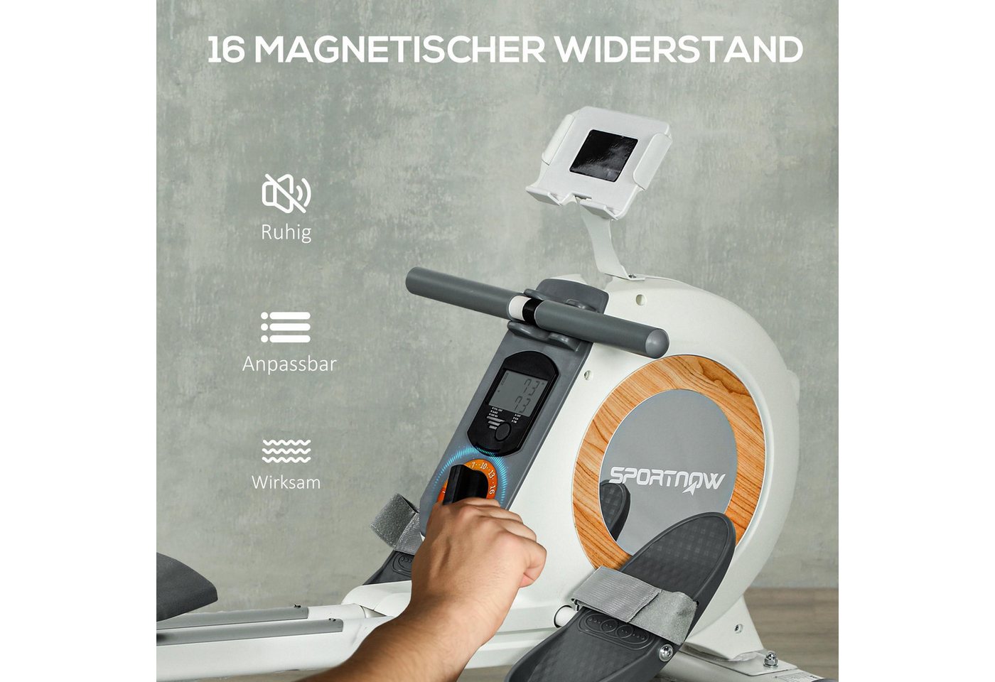 SPORTNOW Rudergerät mit 16 Widerstandsstufen, LCD-Monitor (Rudermaschine, 1-tlg., für Zuhause), mit Telefon-,IPAD-Halter, für Cardio-Training, bis 150kg belastbar Bild 4
