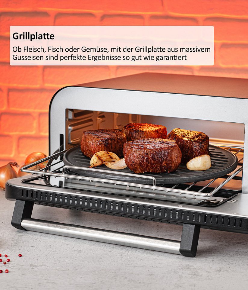 Genius Pizzaofen Genius Chef elektrischer Pizzaofen 10 in 1 8 tlg, 400°C, 2000 Watt, authentischen Holzofen-Genuss, 10in1-Funktion