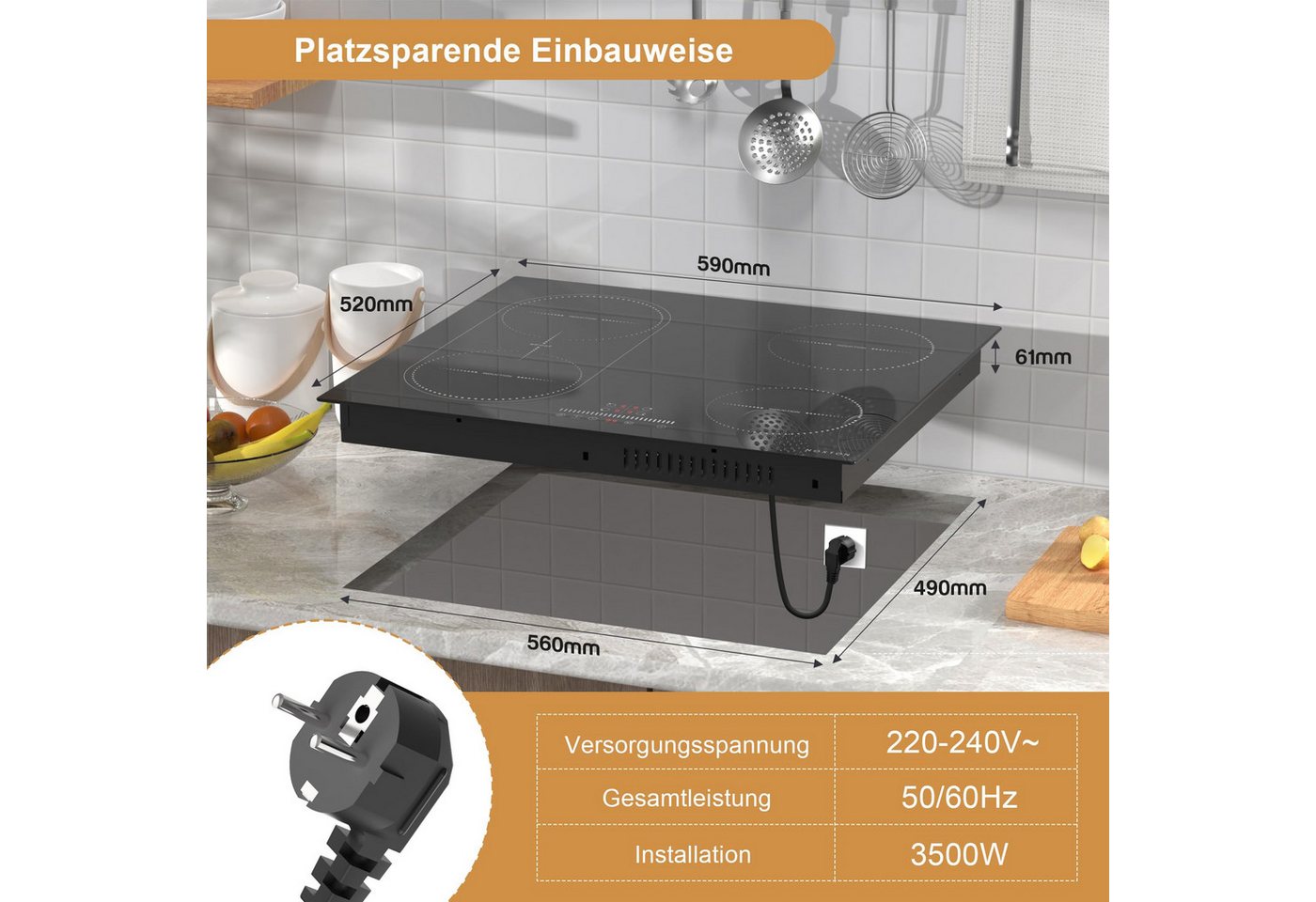 NOXTON Induktions-Kochfeld 60 cm Flexzonen mit Stecker, 4 Platten mit Schieberegler, Timer, Pausenfunktion, Kindersicherung, 3500W, 220-240V