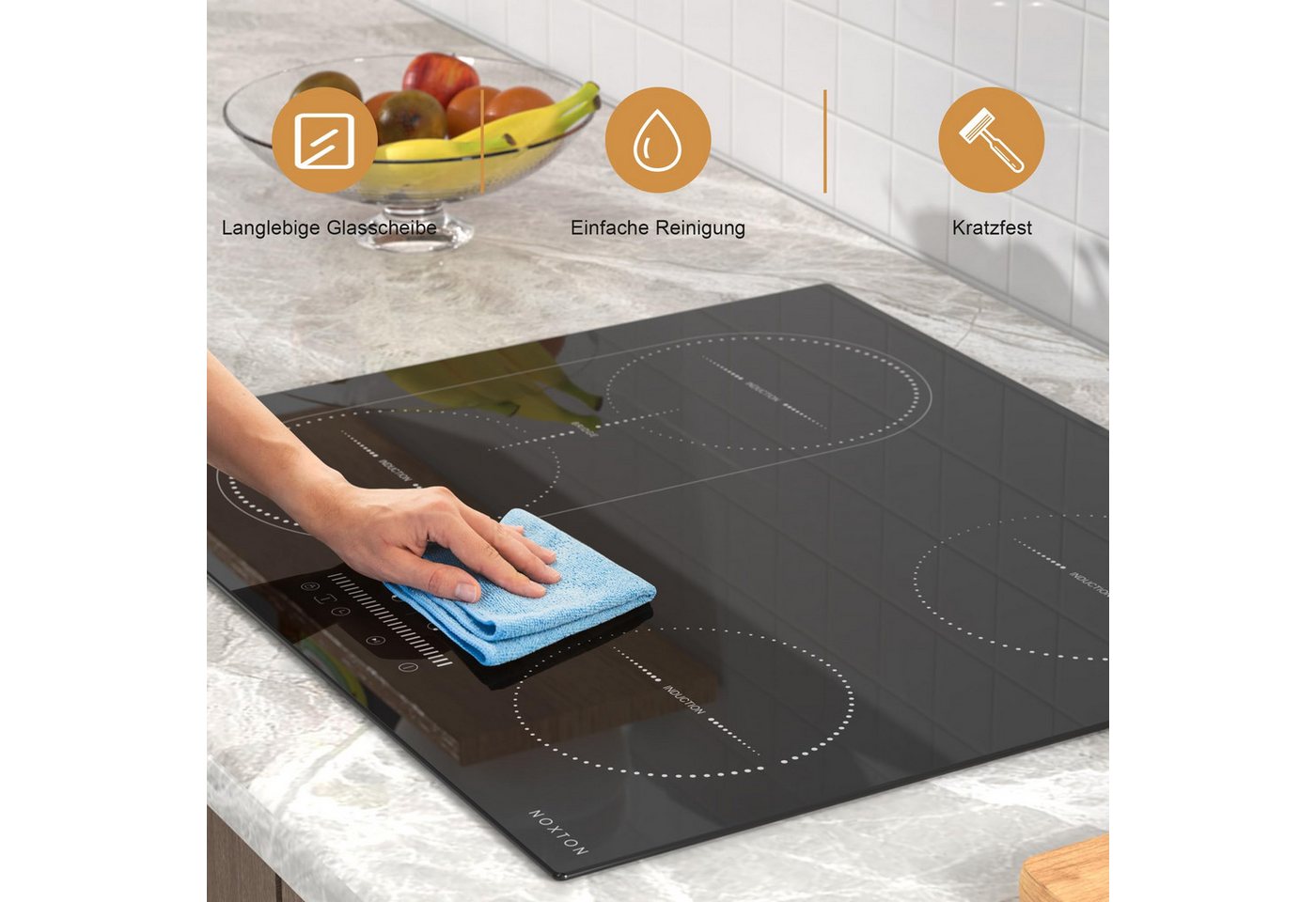 NOXTON Induktions-Kochfeld 60 cm Flexzonen mit Stecker, 4 Platten mit Schieberegler, Timer, Pausenfunktion, Kindersicherung, 3500W, 220-240V Bild 4