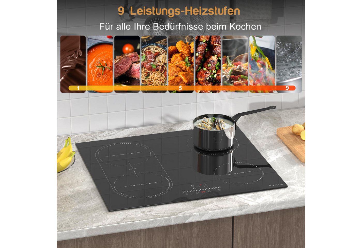 NOXTON Induktions-Kochfeld 60 cm Flexzonen mit Stecker, 4 Platten mit Schieberegler, Timer, Pausenfunktion, Kindersicherung, 3500W, 220-240V Bild 5