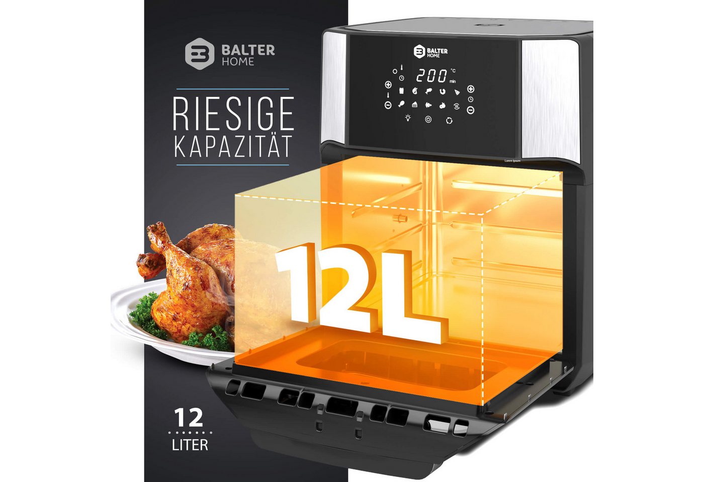Balter Heißluftfritteuse, 12 Liter, Mini Backofen, Dörrautomat, 10 Programme, Rezeptheft Bild 2
