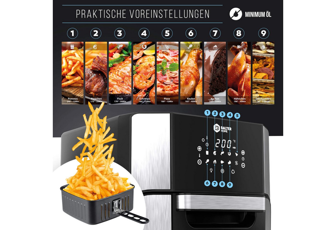 Balter Heißluftfritteuse, 12 Liter, Mini Backofen, Dörrautomat, 10 Programme, Rezeptheft Bild 4