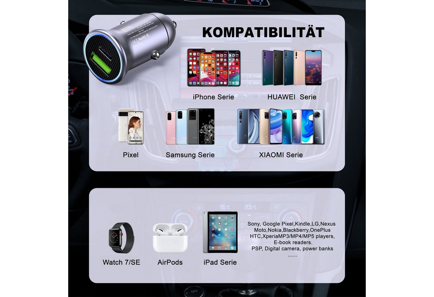 neue dawn 60W USB KFZ Ladegerät Auto Schnellladegerät für iPhone Samsung Huawei USB-Ladegerät (für Samsung Galaxy S25 S24 S23 S22 S22+ S21 A56 A17 A54 A26 A55 A34, für iPhone 17 pro max/17/17 pro/Air/16e/16 15 14 13 12 pro max) Bild 3