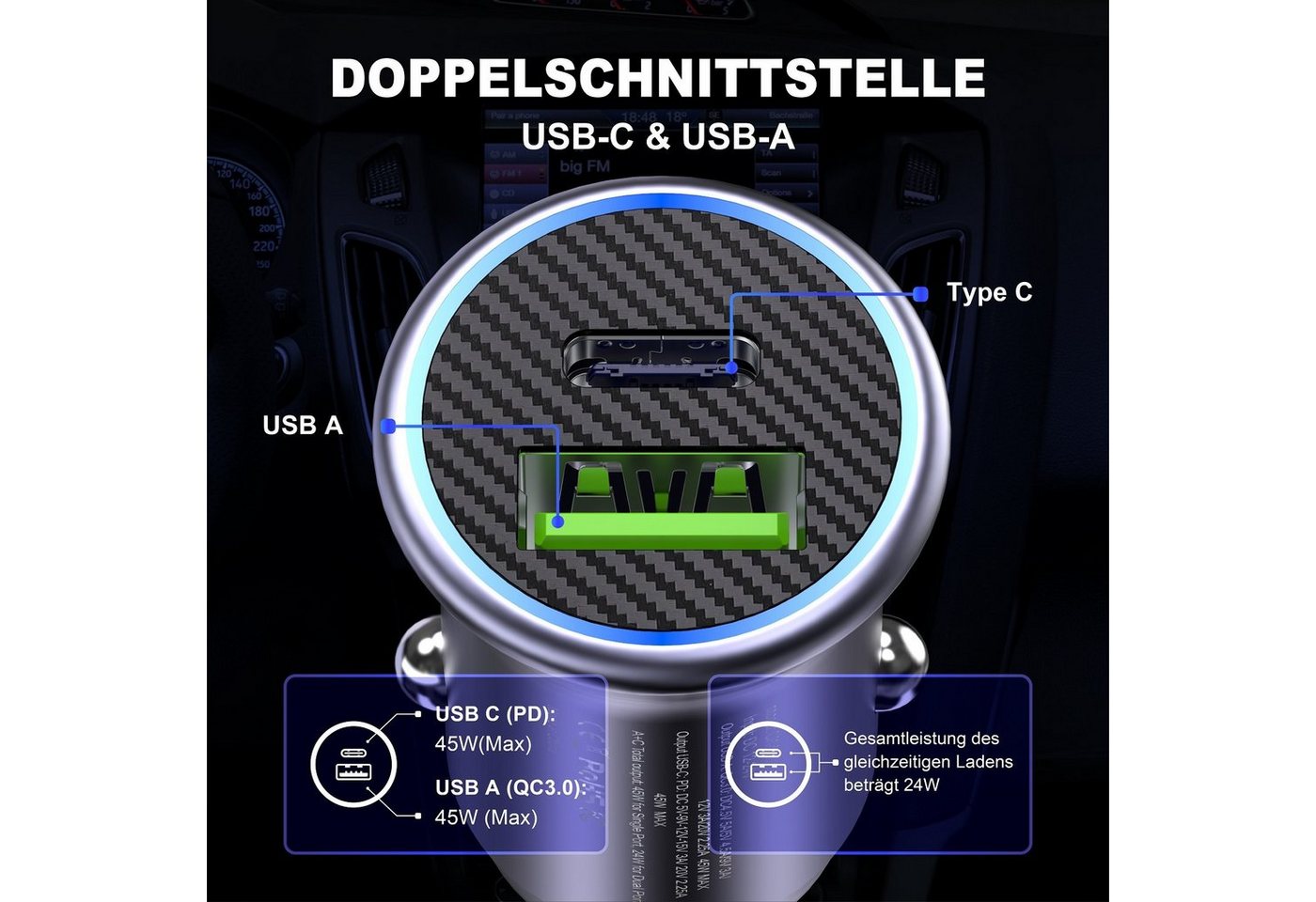 neue dawn 60W USB KFZ Ladegerät Auto Schnellladegerät für iPhone Samsung Huawei USB-Ladegerät (für Samsung Galaxy S25 S24 S23 S22 S22+ S21 A56 A17 A54 A26 A55 A34, für iPhone 17 pro max/17/17 pro/Air/16e/16 15 14 13 12 pro max) Bild 5