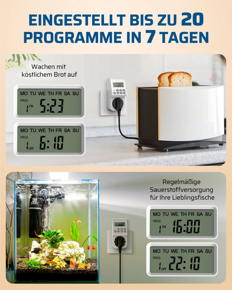 DEWENWILS Zeitschaltuhr Digitale Zeitschaltuhr Steckdose für Beleuchtung, Kaffeemaschine, digital, 2er Set, LCD-Display