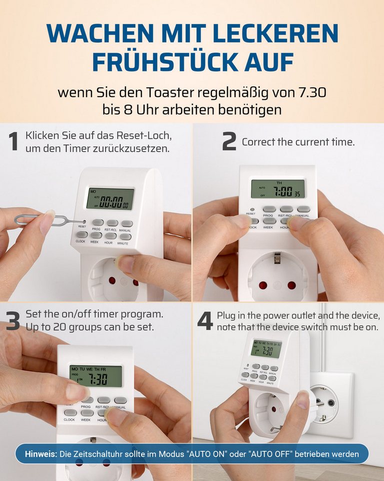 DEWENWILS Zeitschaltuhr Digitale Zeitschaltuhr Steckdose für Beleuchtung, Kaffeemaschine, digital, 2er Set, LCD-Display Bild 4