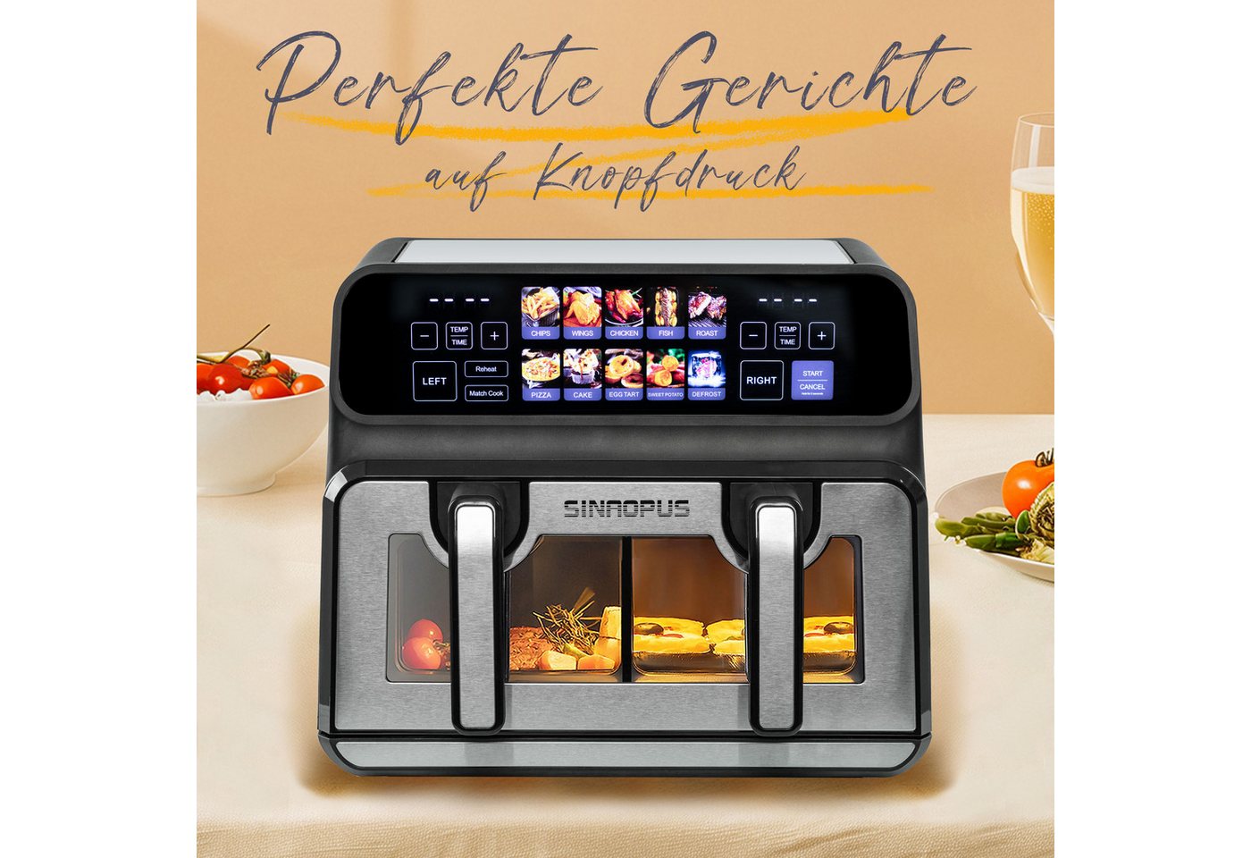 WHEELYOU Heißluftfritteuse 9L, 2200W Doppelkammer-Airfryer mit Farb-LED, Sichtfenster & 10 Programmen, 2200 W, 9L Airfryer mit 2×4,5L Körben, 50–200 °C, Timer & Innenlicht