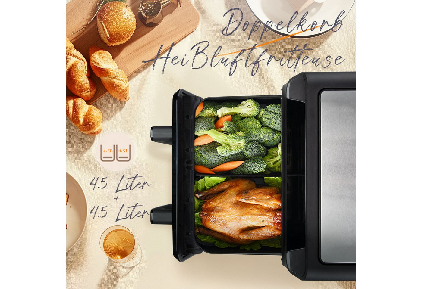 WHEELYOU Heißluftfritteuse 9L, 2200W Doppelkammer-Airfryer mit Farb-LED, Sichtfenster & 10 Programmen, 2200 W, 9L Airfryer mit 2×4,5L Körben, 50–200 °C, Timer & Innenlicht Bild 2