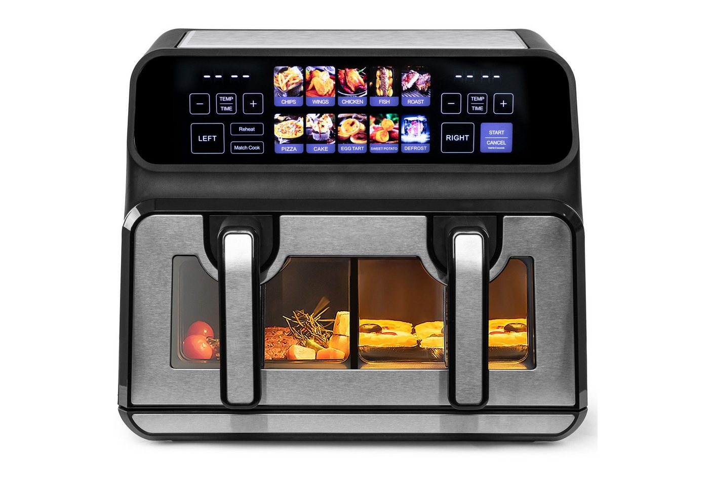 WHEELYOU Heißluftfritteuse 9L, 2200W Doppelkammer-Airfryer mit Farb-LED, Sichtfenster & 10 Programmen, 2200 W, 9L Airfryer mit 2×4,5L Körben, 50–200 °C, Timer & Innenlicht Bild 3