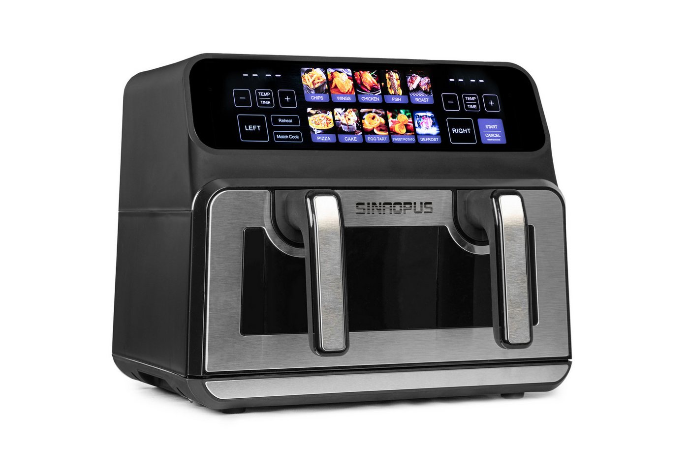 WHEELYOU Heißluftfritteuse 9L, 2200W Doppelkammer-Airfryer mit Farb-LED, Sichtfenster & 10 Programmen, 2200 W, 9L Airfryer mit 2×4,5L Körben, 50–200 °C, Timer & Innenlicht Bild 4