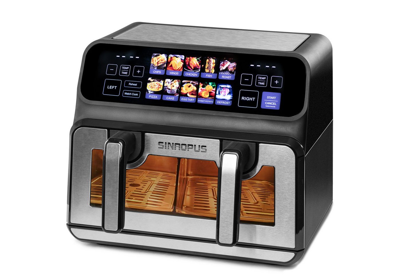 WHEELYOU Heißluftfritteuse 9L, 2200W Doppelkammer-Airfryer mit Farb-LED, Sichtfenster & 10 Programmen, 2200 W, 9L Airfryer mit 2×4,5L Körben, 50–200 °C, Timer & Innenlicht Bild 5